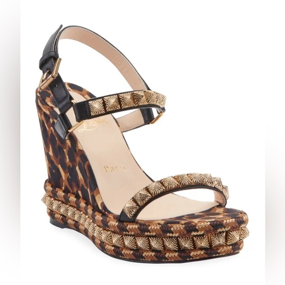 Christian Louboutin Shoes - Christian Louboutin Nappa Leopard Pira Ryad 110 Wedge Sandal Black Marron 35